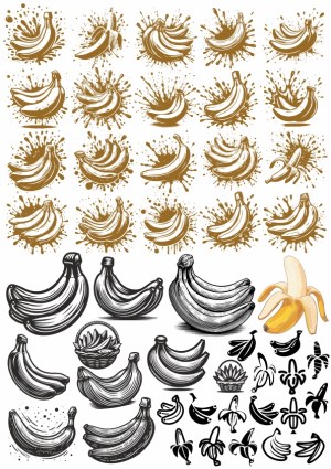 Various Banana Illustrations and Icons with Paint Splashes and Sketch Styles Free Vector