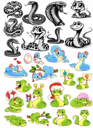 Collection of Black and Colorful Cartoon Snake Illustrations Free Vector