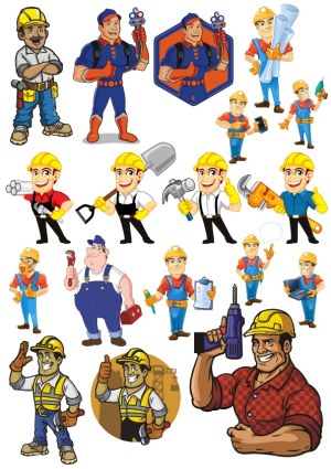 Set of Construction Workers and Handyman Cartoon Characters Free Vector