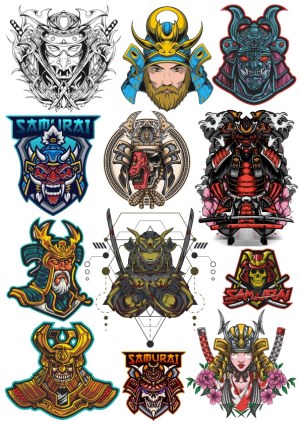 Colorful and Detailed Samurai Helmet and Warrior Vector Illustrations Set Free Vector