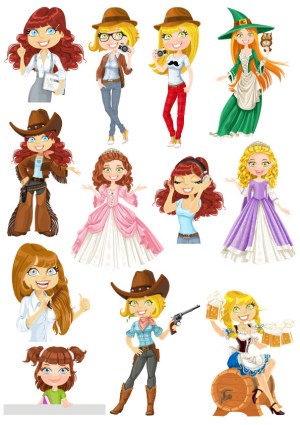 Cartoon Women Characters in Various Costumes and Poses Vector Set Free Vector