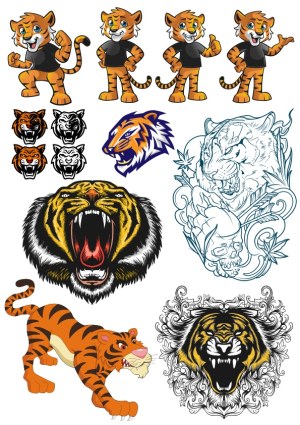 Tiger Character Poses and Aggressive Tiger Head Illustrations Vector Set Free Vector