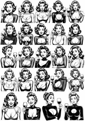 Black and White Vintage Pin-Up Women with Wine Glasses Vector Set Free Vector