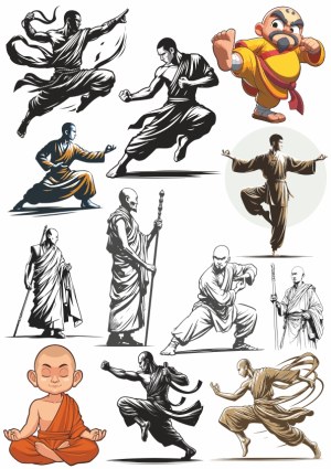 Shaolin Monk Vector Illustrations in Various Martial Arts Poses Free Vector