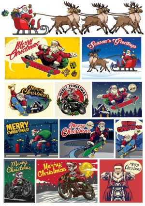 Santa Claus Christmas Vector Collection with Skateboards, Motorcycles, Sleighs, and Reindeer Free Vector