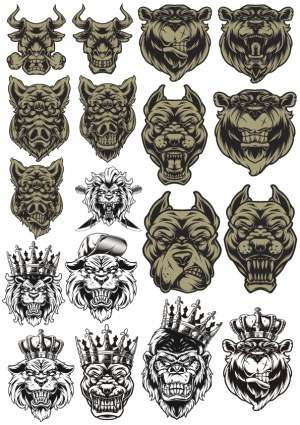 Collection of Fierce Animal Head Vectors with Crowns and Aggressive Expressions Free Vector