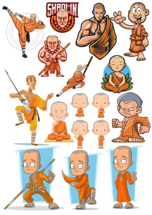 Shaolin Monks in Various Martial Arts and Meditation Poses Free Vector