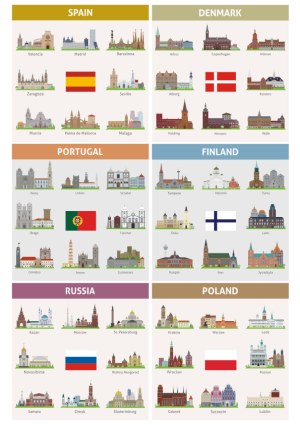 Vector Illustrations of Famous City Landmarks and Flags from Spain, Denmark, Portugal, Finland, Russia, and Poland Free Vector