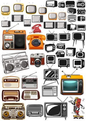 Retro Electronics Collection Vector Set including TVs, Radios, Cameras, and Telephones Free Vector