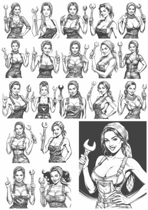 Hand-Drawn Female Mechanic Characters Holding Wrenches Vector Set Free Vector