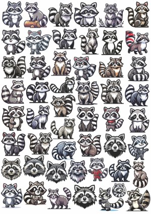 Collection of Cute Cartoon Raccoon Vector Illustrations Free Vector