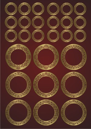 Set of Gold Ornate Circular Frames on Dark Red Background Free Vector