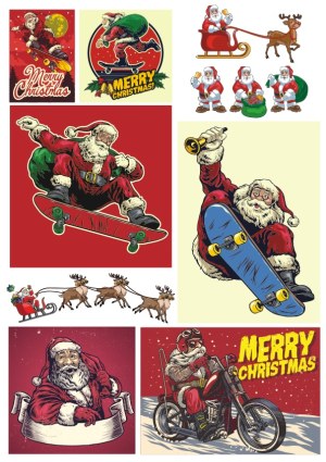 Vintage Skateboarding and Motorcycle Santa Claus Christmas Vectors Free Vector
