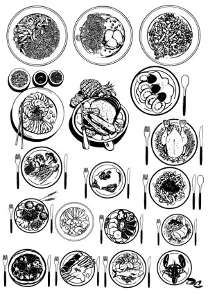 Black and White Vector Illustration of Various Dishes on Plates with Cutlery Free Vector