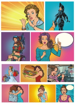 Pop Art Style Comic Woman Scenes with Shopping, Food, Costumes, and Expressions Free Vector