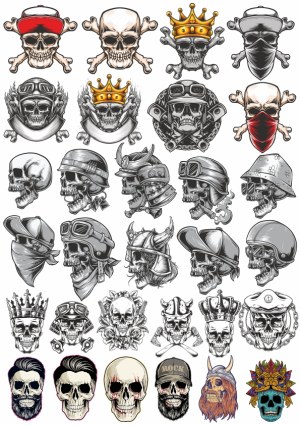 Collection of Skull Illustrations with Various Helmets, Crowns, and Accessories Free Vector