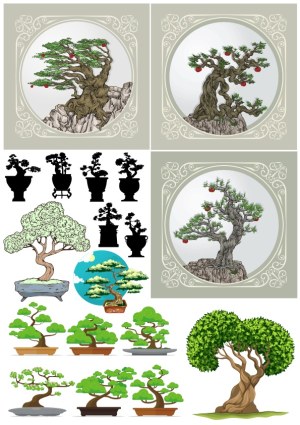 Collection of Diverse Bonsai Tree Vector Illustrations Free Vector