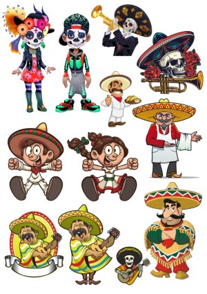 Mexican Culture Cartoon Characters and Day of the Dead Illustrations Free Vector