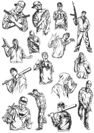 Black and White Hip Hop Gangster Characters Vector Set Free Vector