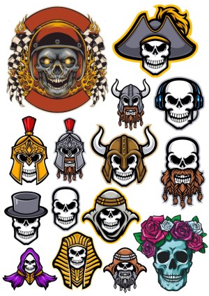 Collection of Skull Characters with Various Helmets and Headgear Free Vector