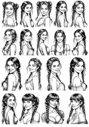 Detailed Black and White Pencil Portraits of Smiling Women with Braids and Various Hairstyles Free Vector