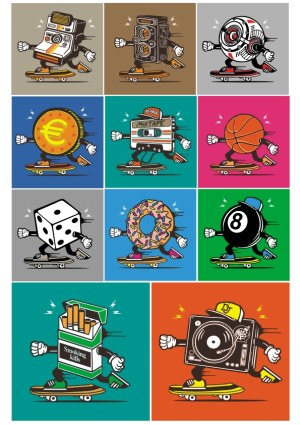 Funny Cartoon Objects Skateboarding Set Free Vector
