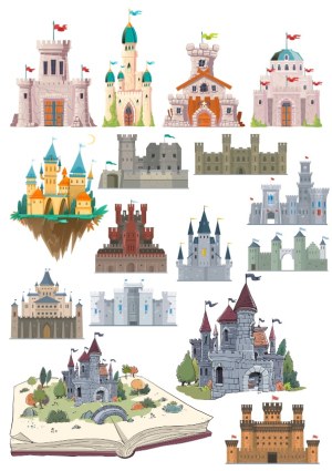 Collection of Various Cartoon and Medieval Castle Vector Designs Free Vector