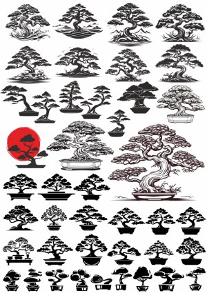 Collection of Black and White Bonsai Tree Silhouettes and Designs Free Vector