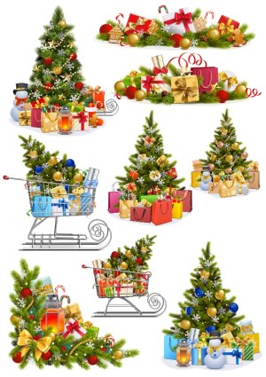 Christmas Trees with Gifts, Decorations, and Festive Sleighs Vector Set Free Vector