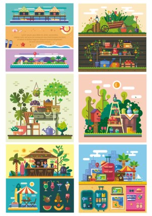 Colorful Outdoor and Travel Scenes Vector Collection Free Vector