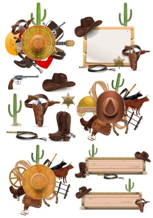 Wild West Cowboy Elements with Cactus and Blank Signs Free Vector