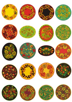 Traditional Floral Russian Khokhloma Pattern Circles and Ovals Vector Set Free Vector