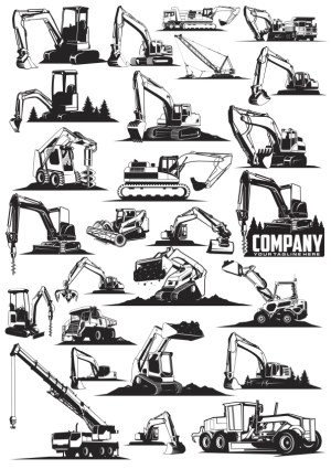 Vector Set of Construction Excavators and Heavy Machinery Silhouettes Free Vector