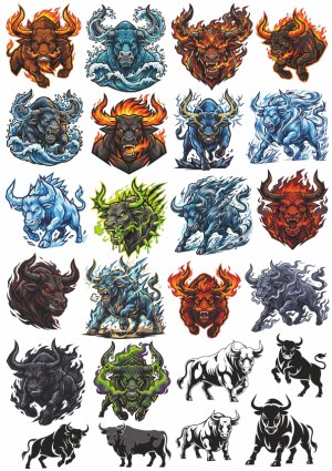 Set of Fierce Bull and Minotaur Vector Illustrations Free Vector