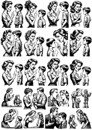 Black and White Vintage Style Illustrations of Adult and Child Arguments Free Vector
