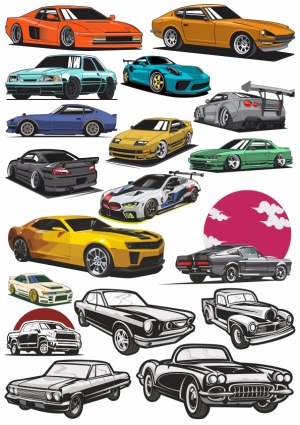 Collection of Colorful and Monochrome Sports and Classic Cars Vector Illustrations Free Vector