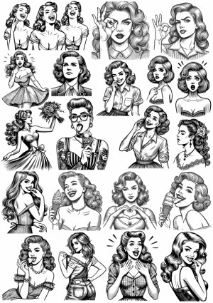 Vintage Retro Women Line Art Collection with Various Expressions and Poses Free Vector