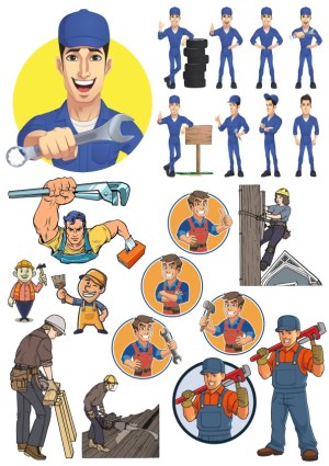 Collection of Construction and Repair Worker Characters in Various Poses Free Vector