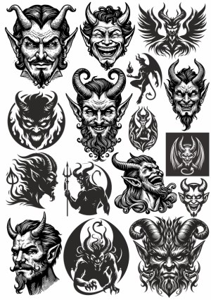 Collection of Black and White Devil and Demon Illustrations Free Vector