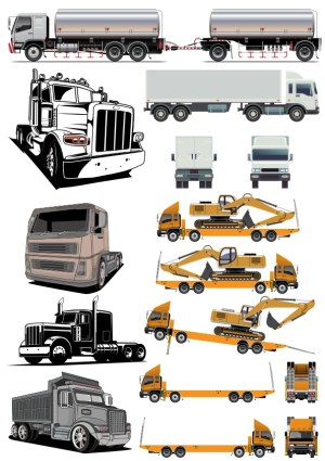 Set of Various Cargo and Heavy Equipment Transport Trucks Vector Illustrations Free Vector