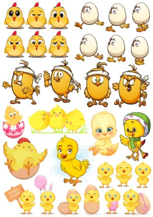 Cartoon Chicken and Chick Characters with Different Emotions and Easter Themes Free Vector