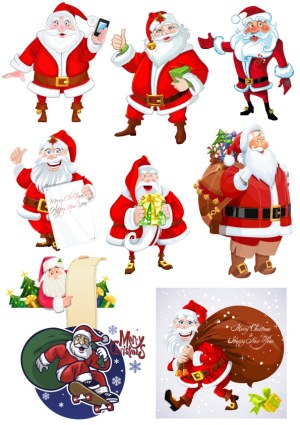 Collection of Cartoon Santa Claus Characters in Various Poses Free Vector