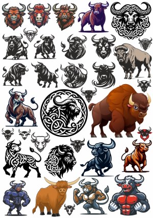 Collection of Bull and Bison Vector Illustrations and Mascots Free Vector