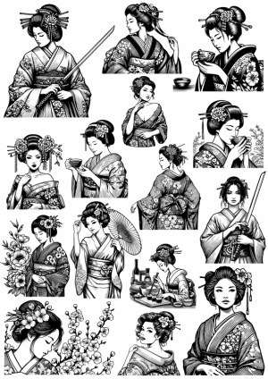 Black and White Japanese Geisha Women Vector Illustrations Free Vector
