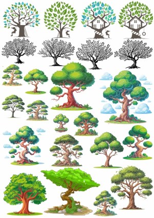 Collection of Diverse Cartoon and Silhouette Tree Vectors Free Vector