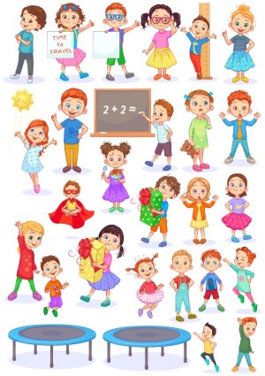 Collection of Diverse Cartoon Kids in Various Poses and Activities Free Vector