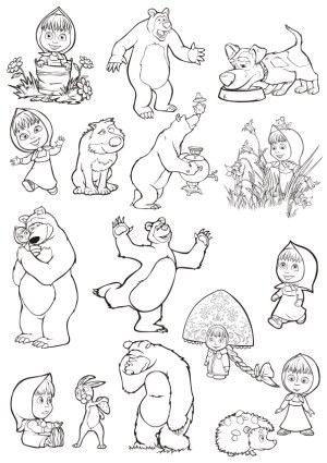 Black and White Outlines of Cartoon Characters Including Bear, Girl, Dog, Wolf, Rabbit, and Hedgehog Free Vector