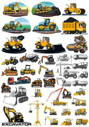Collection of Construction Machinery and Heavy Equipment Vector Illustrations Free Vector