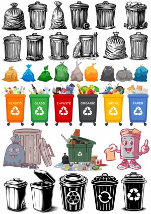 Collection of Garbage Bags and Recycling Trash Cans in Various Styles Free Vector