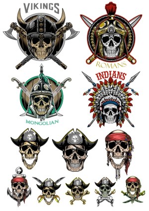 Skull Warriors Collection: Vikings, Romans, Mongolian, Indians, and Pirates Free Vector